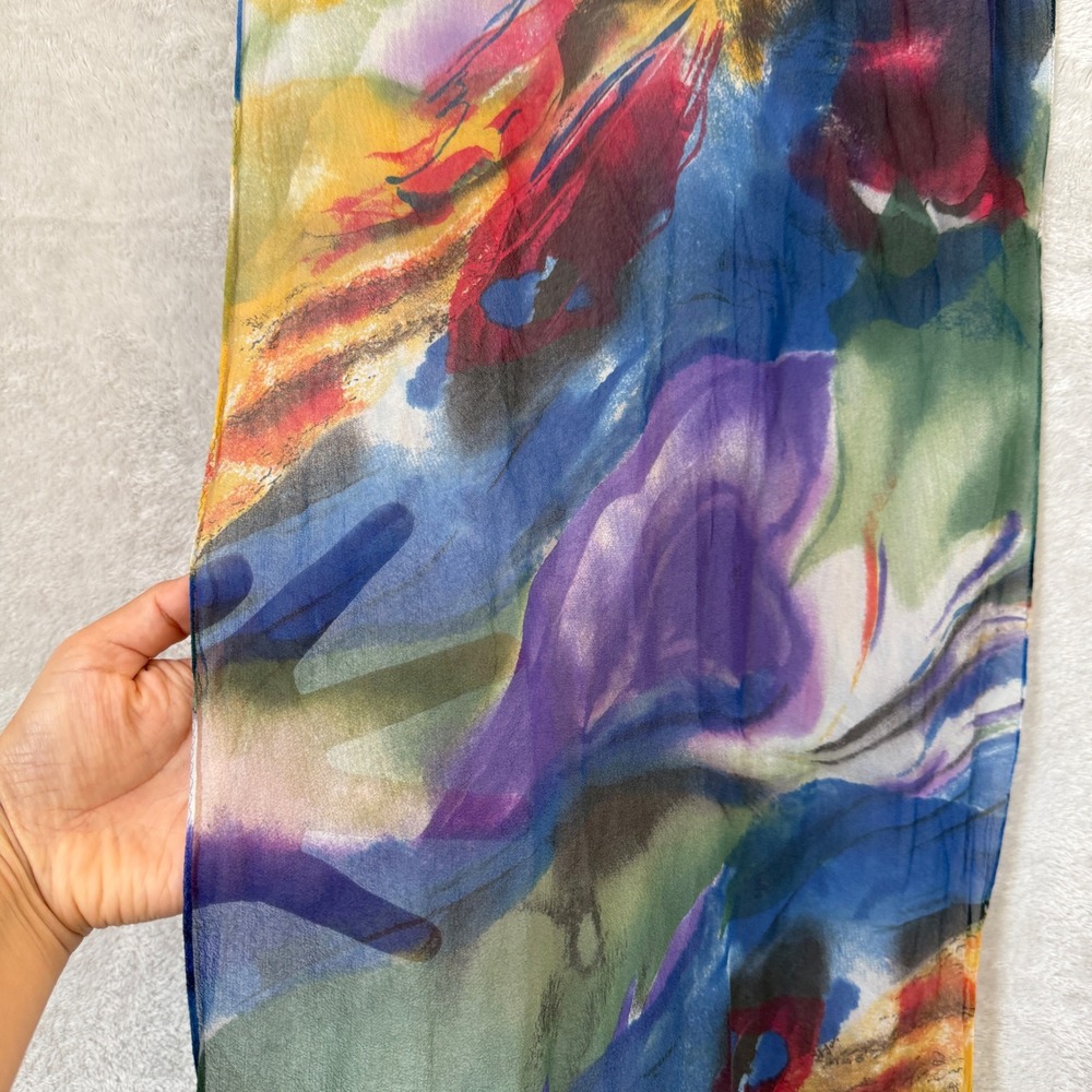 Silk Abstract‎ Watercolor Sheer Chiffon Scarf Multi-Color Artistic Lightweight
